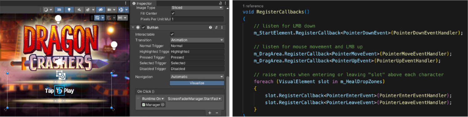 左边是通过Unity Event System连接脚本与Unity UI GameObjects的示例；右侧是在 UI Toolkit 中注册以接收输入回调的可视元素